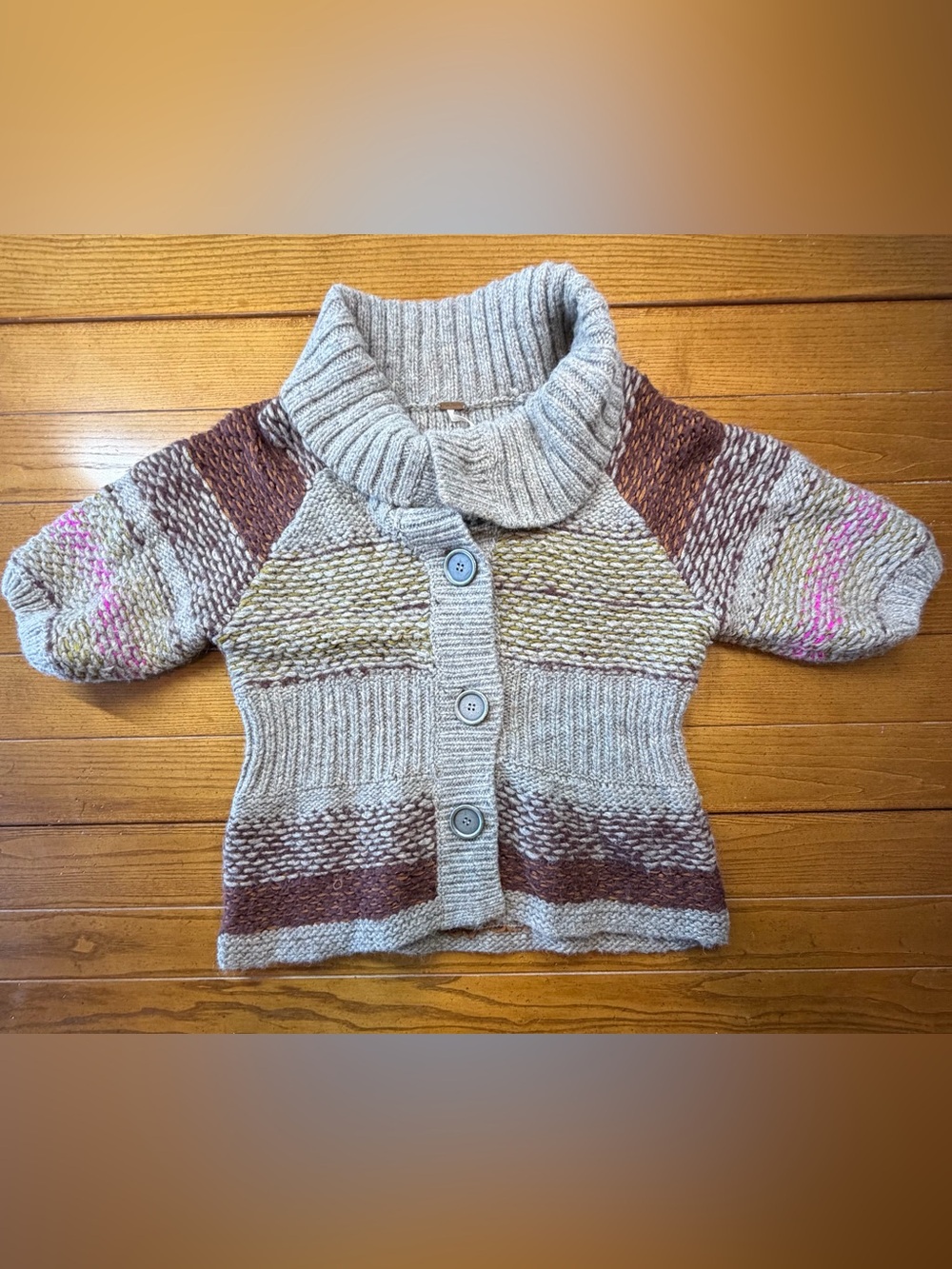 Free People Chunky Knit Cardigan with Shawl Collar, Taupe Brown Olive Pink, Size